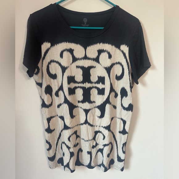 Tory Burch Pima Cotton Logo Tee Shirt Size M Black & Cream Ikat Print - Picture 1 of 5